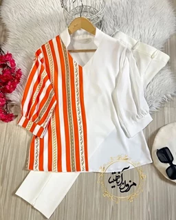 شومیز نیمه زنجیری نارنجی سفید جدید سایز-38-تخفیفی
