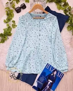 شومیز پایین کلوش آبی روشن طرح گل ریز ماوی سایز-4-تخفیفی