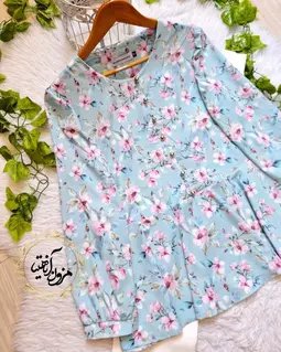 شومیز پایین کلوش آبی پاستیلی طرح شکوفه ها صورتی جواهر