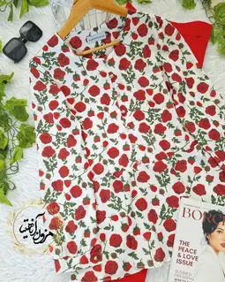 شومیز پایین کلوش سفید طرح گل های رز قرمز کرشمه