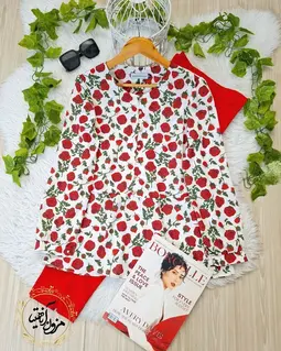 شومیز پایین کلوش سفید طرح گل های رز قرمز کرشمه