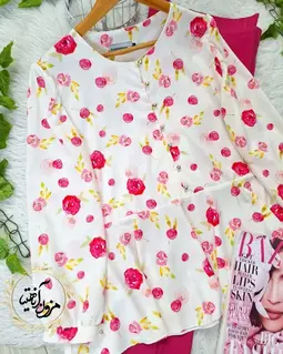 شومیز پایین کلوش سفید طرح گلهای رز صورتی یاسمینا