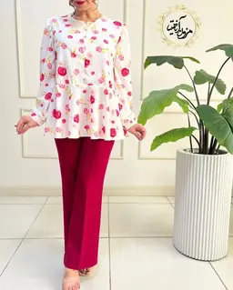 شومیز پایین کلوش سفید طرح گلهای رز صورتی یاسمینا