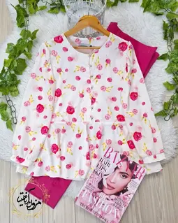 شومیز پایین کلوش سفید طرح گلهای رز صورتی یاسمینا