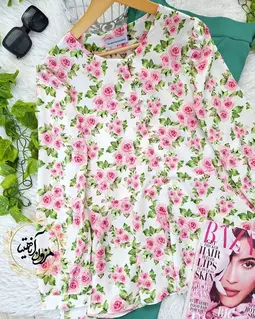 شومیز پایین کلوش سفید طرح گلهای صورتی گلاب