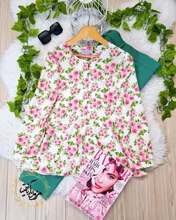 شومیز پایین کلوش سفید طرح گلهای صورتی گلاب