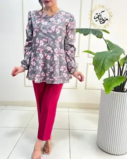 شومیز پایین کلوش طوسی طرح شکوفه های صورتی آیگل