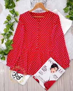 شومیز پایین کلوش مجلسی زمینه قرمز طرح توپی سفید سایز-1-تخفیفی