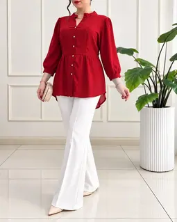 شومیز کرپ حریر  قرمز طرح پایین چین گلناز