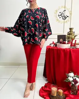 شومیز کیمونو بگ زمینه مشکی طرح هندونه ای و قلب ریز آسوده