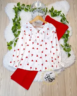 شومیز یقه خورشیدی سفید طرح لاله خال خالی ماندانا