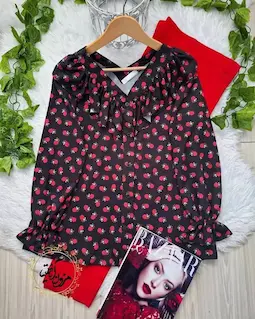 شومیز یقه خورشیدی مشکی قرمز طرح دلارز سایز-3-تخفیفی