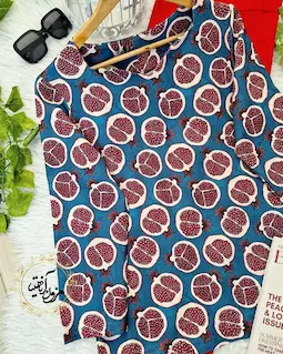 شومیز یقه دلبری آبی نفتی قرمز طرح انار نیمه سالومه