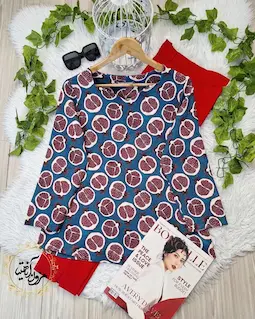 شومیز یقه دلبری آبی نفتی قرمز طرح انار نیمه سالومه