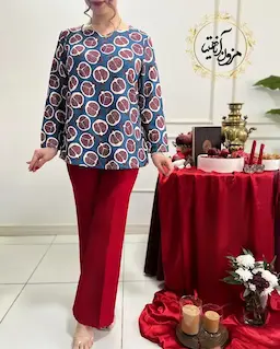 شومیز یقه دلبری آبی نفتی قرمز طرح انار نیمه سالومه