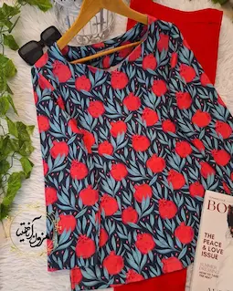 شومیز یقه دلبری مشکی طرح انار و دونه انار برگ آبی سارین