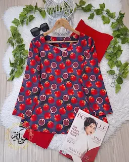 شومیز یقه دلبری سرمه ای طرح انار قرمز نارشین