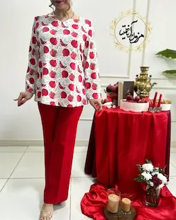 شومیز یقه دلبری سفید طرح انار برگ سبز سدری دونار