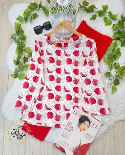 شومیز یقه دلبری سفید طرح انار برگ سبز سدری دونار