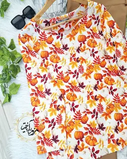 شومیز یقه دلبری سفید طرح کدو برگ نارنجی پگاه