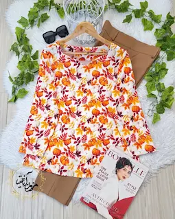 شومیز یقه دلبری سفید طرح کدو برگ نارنجی پگاه