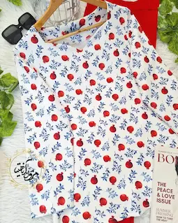 شومیز یقه دلبری سفید قرمز طرح انار برگ ریز آبی ناریز