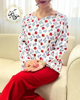 شومیز یقه دلبری سفید قرمز طرح انار برگ ریز آبی ناریز