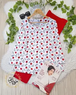 شومیز یقه دلبری سفید قرمز طرح انار برگ ریز آبی ناریز