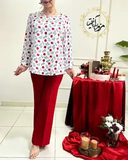 شومیز یقه دلبری سفید قرمز طرح انار برگ ریز آبی ناریز