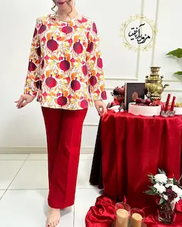 شومیز یقه دلبری سفید قرمز طرح انار برگ نارنجی پاییزان