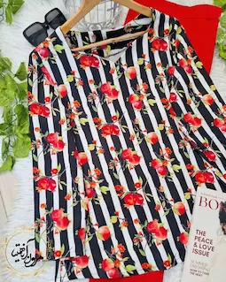 شومیز یقه دلبری سفید مشکی طرح راه راه شکوفه انار قرمز پرنا