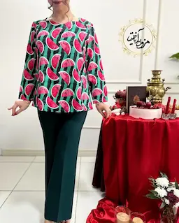 شومیز یقه دلبری مشکی طرح هندونه راه راه سبز کژین