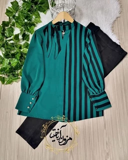 شومیز یقه شالدار سبز زمینه سبز جدید سایز-38-تخفیفی