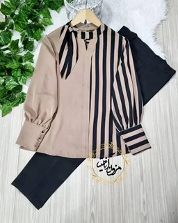 شومیز یقه شالدار نسکافه ای تیره زمینه نسکافه ای جدید سایز-52-تخفیفی