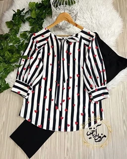 شومیز یقه پاپیونی راه راه سفید مشکی قلبی سایز-2-تخفیفی