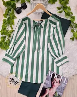 شومیز یقه پاپیونی سبز سفید طرح راه راه پرنیا سایز-2-تخفیفی