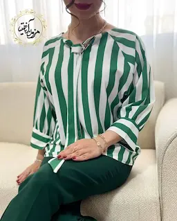 شومیز یقه پاپیونی سبز سفید طرح راه راه پرنیا