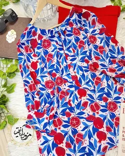 شومیز یقه پاپیونی سفید طرح انار برگ آبی وینار