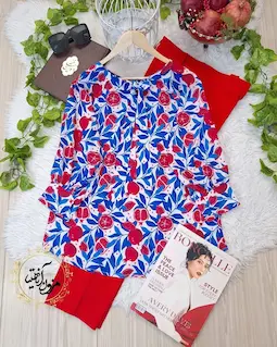 شومیز یقه پاپیونی سفید طرح انار برگ آبی وینار