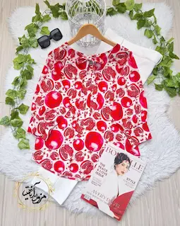 شومیز یقه پاپیونی سفید طرح انار قرمز نیمه پینار