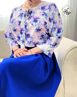 شومیز یقه پاپیونی سفید طرح بنفشه آبرنگی سایز-2-تخفیفی