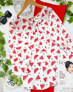 شومیز یقه پاپیونی سفید طرح هندونه قلبی وناز