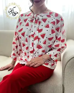 شومیز یقه پاپیونی سفید طرح هندونه قلبی وناز