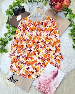 شومیز یقه پاپیونی سفید طرح کدو برگ نارنجی پگاه