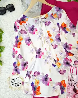 شومیز یقه پاپیونی سفید طرح گلهای آبرنگی بنفش نارنجی مسیحا