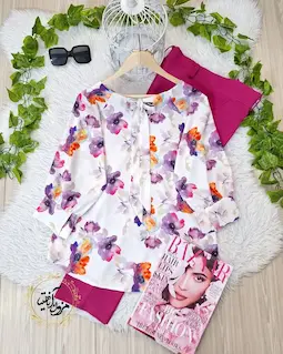 شومیز یقه پاپیونی سفید طرح گلهای آبرنگی بنفش نارنجی مسیحا