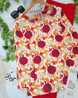 شومیز یقه دلبری سفید قرمز طرح انار برگ نارنجی پاییزان