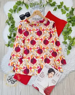 شومیز یقه دلبری سفید قرمز طرح انار برگ نارنجی پاییزان