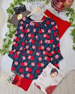 شومیز یقه پاپیونی مشکی طرح انار برگ آبی پارمیس