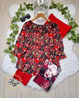 شومیز یقه پاپیونی مشکی طرح انار قرمز الماسی جینار 